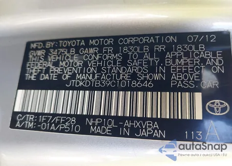 2012 Toyota Prius C Two z USA, uszkodzony, nr VIN JTDKDTB39C1018646